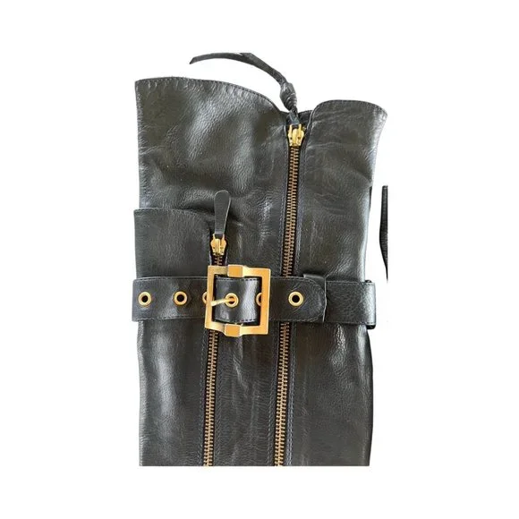 Givenchy Thigh-High Navy Leather Boots with Zippers And Buckles